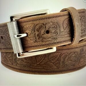 F & L Classic Full Grain embossed brown Leather Belt silver buckle size 30 in